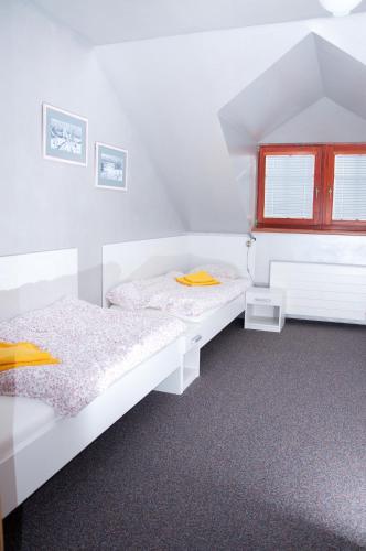 a bedroom with two beds and a window at Penzion Pohanka in Nové Veselí