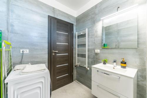 een badkamer met een wastafel, een toilet en een spiegel bij Deluxe 3 rooms central Arad in Arad