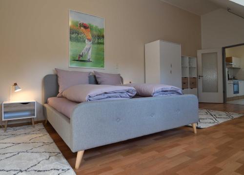 un sofá en una sala de estar con una pintura en la pared en Appartement Crows Nest en Ankum