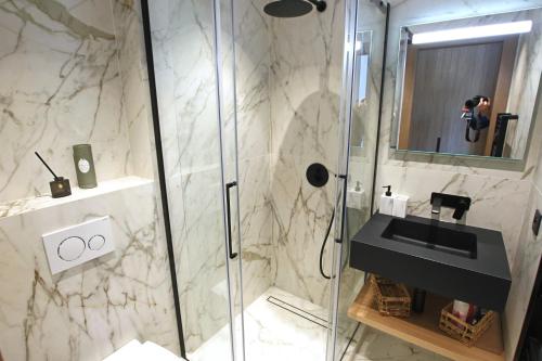 une salle de bain avec une douche, un lavabo et un miroir dans l'établissement COMPLETELY RENOVATED APARTMENT ON BLD CROISETTE, 3 PARENTAL BEDROOMS, à Cannes
