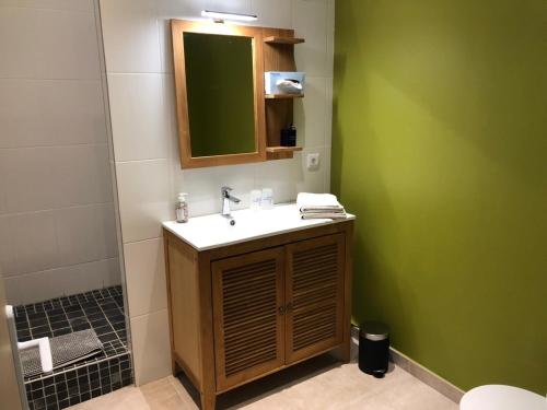 La salle de bains est pourvue d'un lavabo et d'un miroir. dans l'établissement Chambre et Petit-déjeuner à Collonges au Mont d'Or, à Collonges-au-Mont-dʼOr