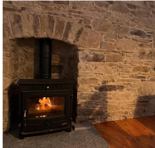 a stone wall with a stove in a fireplace at Wood House Lodge in Tipperary