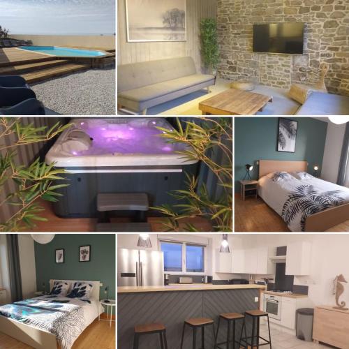 un collage de photos d'une chambre et d'une pièce dans l'établissement La Bâtisse du Dolmen Clara, Spa et piscine, à Plounévez-Lochrist