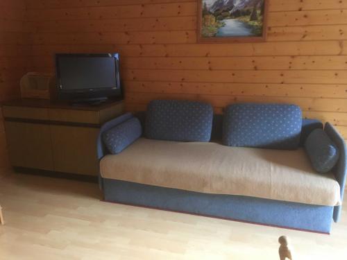 a couch sitting in a room with a tv at Planerhof in Görtschach