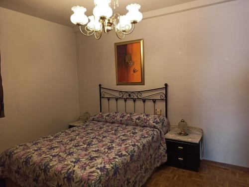 1 dormitorio con cama y lámpara de araña en Casa preciosas vistas, ubicada en medio del Parque Natural de REDES, Asturias, en Caso
