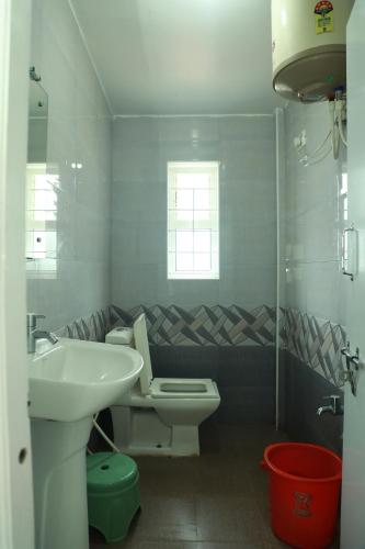 a bathroom with a sink and a toilet and a window at dreams cottage in Ooty