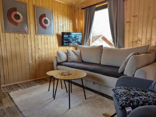 a living room with a couch and a table at AA Pine vikendica za izdavanje u srcu Zapadne Srbije in Nova Varoš
