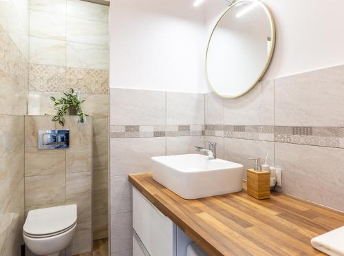 a bathroom with a white sink and a mirror at Winnicka Cosy Apartment in Gdańsk