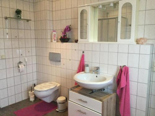 uma casa de banho com um lavatório e um WC em Ferienwohnung Burgblick em Plaue