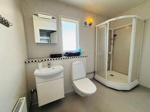 a bathroom with a toilet and a sink and a shower at 3BDR close to nature a beautiful home LAKE nearby in Uppsala