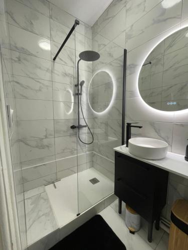 une salle de bain avec douche et lavabo dans l'établissement Appartement entier F2 - Moderne - Jean Jaurès, à Saint-Étienne