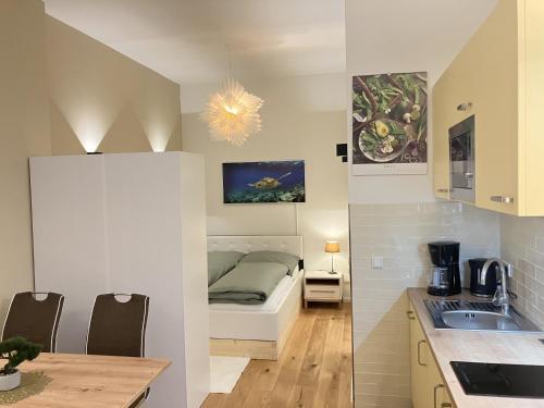 uma cozinha com um lavatório e uma cama num quarto em Ferienwohnung Berlin Mitte em Berlim