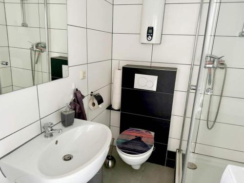 La salle de bains est pourvue d'un lavabo, de toilettes et d'une douche. dans l'établissement Beautiful Apartment in Düren, à Düren