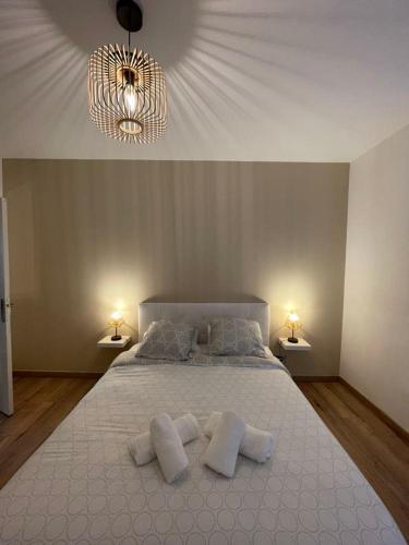 - une chambre avec un grand lit et trois oreillers dans l'établissement Appartement entier F2 - Moderne - Jean Jaurès, à Saint-Étienne