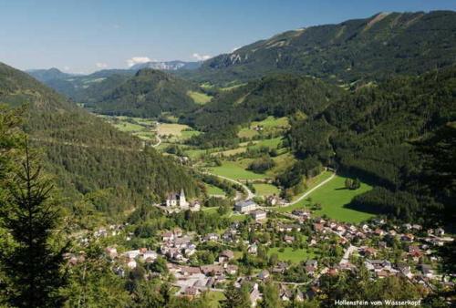 eine kleine Stadt mitten in einem Tal mit Bergen in der Unterkunft Ferienwohnungen Sigrid & Ferdinand BERGINC in Hohenlehen
