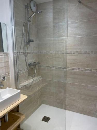 une salle de bain avec douche et lavabo dans l'établissement Resort central apartment ideal for up to 2 people, aux Carroz d'Arâches