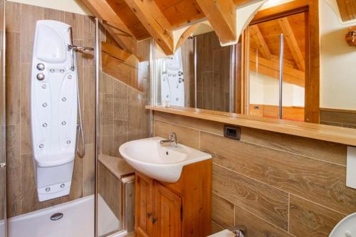 een badkamer met een wastafel, een douche en een spiegel bij Locanda Alla Stella in Roana