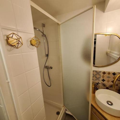 une salle de bain avec douche et lavabo dans l'établissement Les Valéricaines - Studio en plein cœur de la cité médiévale, à Saint-Valery-sur-Somme