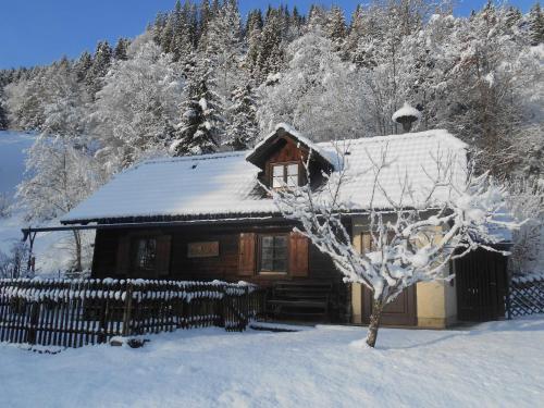 a log cabin with snow on the roof at Umundum Hütte in Katsch Oberdorf