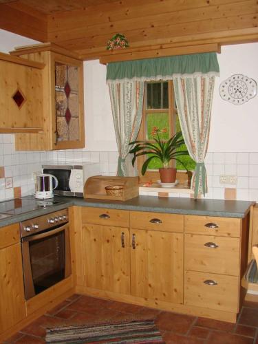 a kitchen with wooden cabinets and a window with a plant at Pircherhof - Urlaub und Erholung im Troadkost'n in Sankt Kathrein am Hauenstein