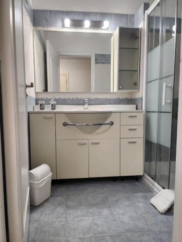 une salle de bain avec un lavabo, des toilettes et un miroir dans l'établissement Appartement Ambassadeur, à Menton