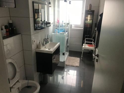 uma casa de banho com um lavatório e um WC em Goethe Apartment em Hanôver