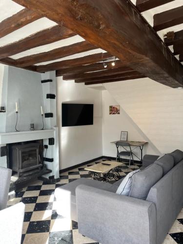 un salon avec un canapé et une cheminée dans l'établissement Stunning 2 bedroom townhouse in pretty village, à Mézières-en-Brenne