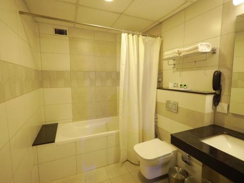 a bathroom with a toilet and a shower and a sink at Arctic Hotel in Cochin