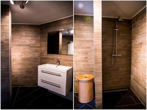 two pictures of a bathroom with a sink and a shower at COSY Holiday Home in Harderwijk