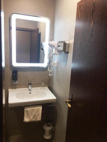 a bathroom with a sink and a mirror at Hotel im Park in Haan