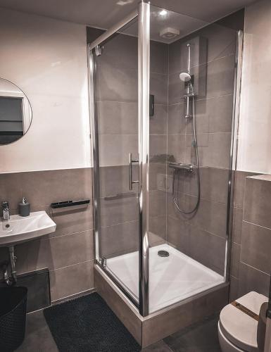 a bathroom with a shower with a toilet and a sink at Feeling Good in Koblenz in Koblenz