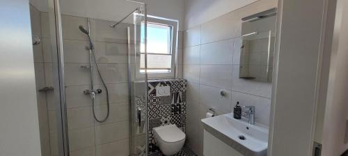 a bathroom with a shower and a toilet and a sink at Appartement Petersberg in Aich