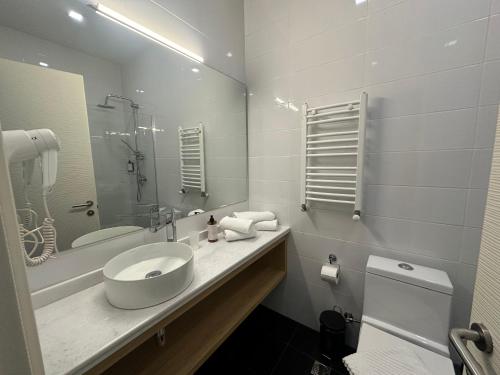 a bathroom with a sink and a mirror and a toilet at Alliance Hotel in Tbilisi City