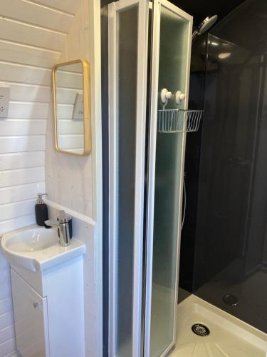 a small bathroom with a shower and a sink at Clotted Cream -Lydcott Glamping, Cornish Sea Views in Looe