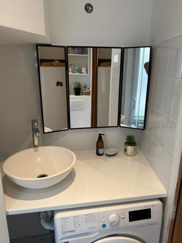 La salle de bains est pourvue d'un lavabo, de toilettes et d'un miroir. dans l'établissement Heart of Paris, quiet, perfect to enjoy the city, à Paris