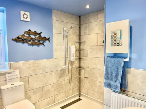 uma casa de banho com um chuveiro e um WC. em Accessible Couple Friendly Home Pass The Keys em Sketty