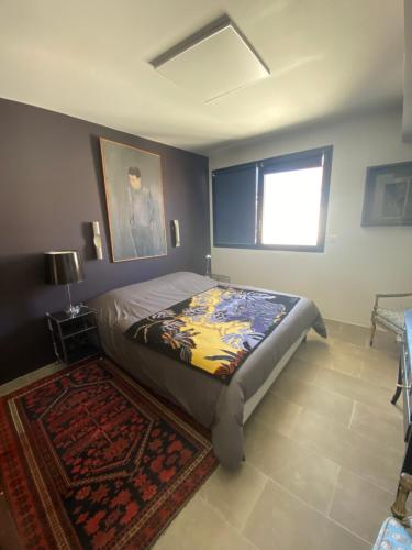 - une chambre avec un lit, un tapis et une fenêtre dans l'établissement Appartement standing sur le toit avec vue panoramique et rooftop, à Béziers
