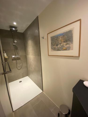 une douche avec une porte vitrée dans une salle de bain dans l'établissement Appartement standing sur le toit avec vue panoramique et rooftop, à Béziers