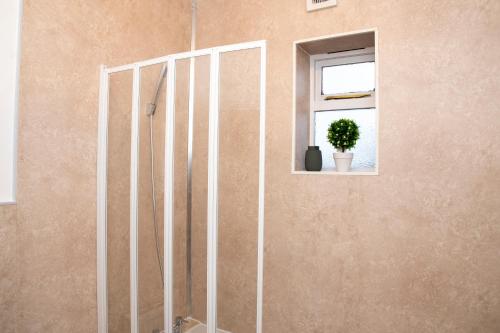 a shower in a bathroom with a window and a potted plant at Luxury 2 bed flat in Northampton in Northampton