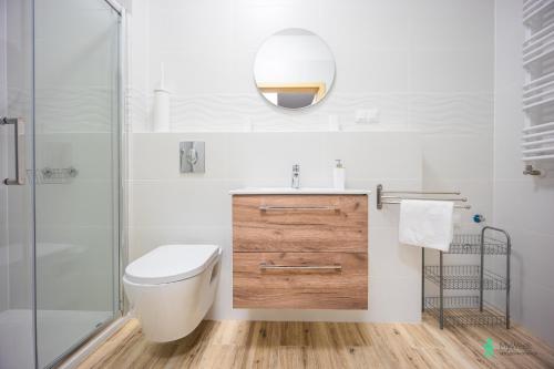 uma casa de banho com um WC, um lavatório e um chuveiro em Apartament Gambit, Ogrody Pieniawskie, MyWeek em Polanica-Zdrój
