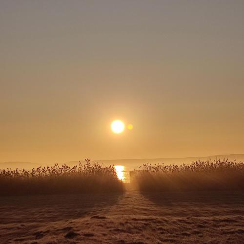 a sunrise on the beach with the sun in the sky at Ralph's Haus am See in Plau am See