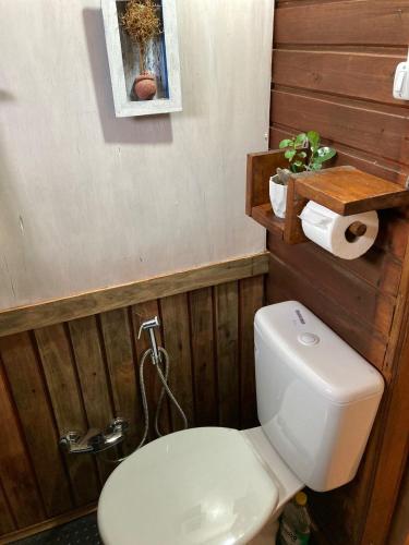 a white toilet in a bathroom with wooden walls at La Casita in Tacuarembó