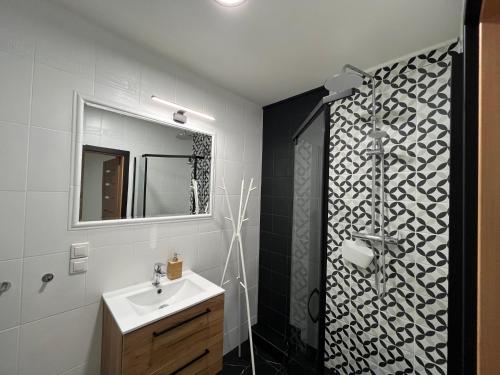 a bathroom with a sink and a shower with a mirror at Apartament Sołtysowska- garaż bezpłatny in Krakow