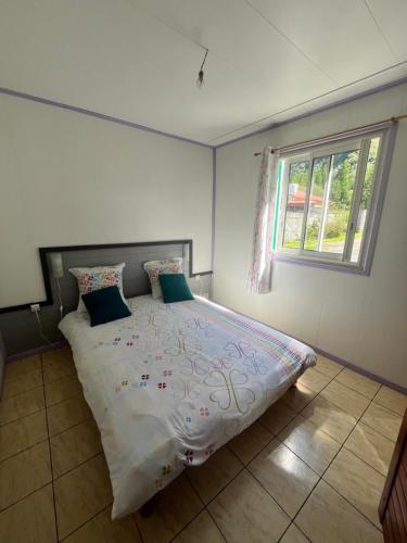 a bedroom with a large bed with a window at Au Pied des Sources in Cilaos