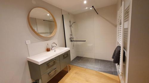 a bathroom with a sink and a mirror at Villa Beausoleil : jardin clos, pétanque, parking in Le Teil