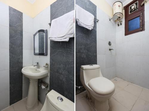 Duas fotografias de uma casa de banho com WC e lavatório. em Hotel Sunlight Inn em Nova Deli