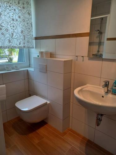 a bathroom with a toilet and a sink at Villa Spatzennest in Trent