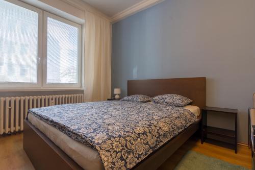 a bedroom with a bed and a large window at Apartment Anna in Bratislava