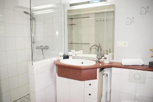 a white bathroom with a sink and a shower at Heimathafen in Bordelum