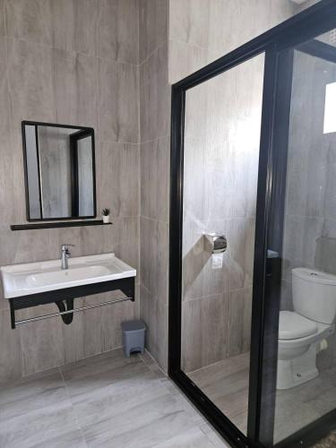 ein Badezimmer mit einem Waschbecken, einem WC und einem Spiegel in der Unterkunft Ibex Blue 2 Bedroom in Lusaka